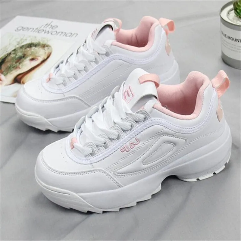 2018 Women's Vulcanize Shoes Lady Casual White Shoes Women Sneaker Black Leisure Thick Soled Shoes Flats Cross-tied Lace Up Soft