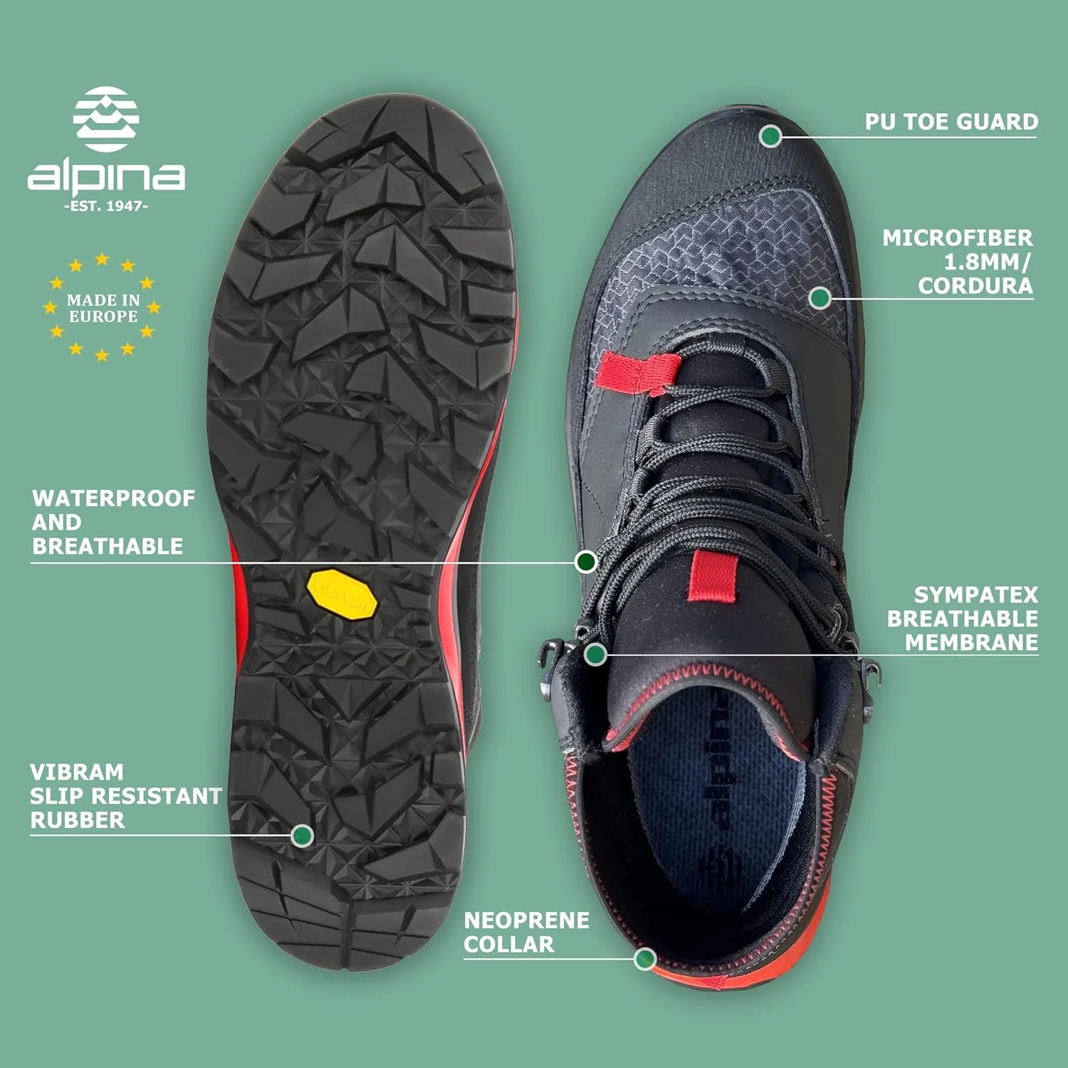 Alpina Men's Waterproof Boots Performance | Premium Hiking Shoes | Microfiber Fiber Upper | Sympatex Bretahable Membrane | Vibram All Weather Grip | Made in Europe