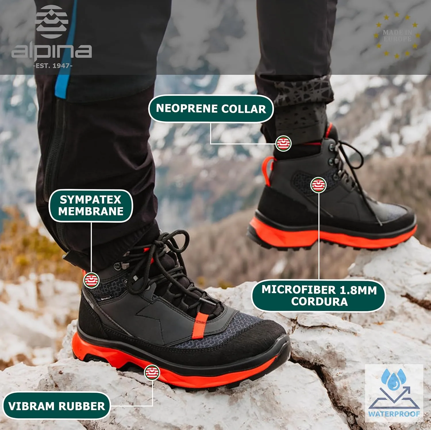 Alpina Men's Waterproof Boots Performance | Premium Hiking Shoes | Microfiber Fiber Upper | Sympatex Bretahable Membrane | Vibram All Weather Grip | Made in Europe