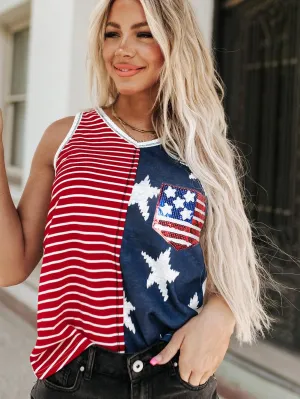 American Flag Sequin Patchwork V Neck Tank Top with Red Stripes