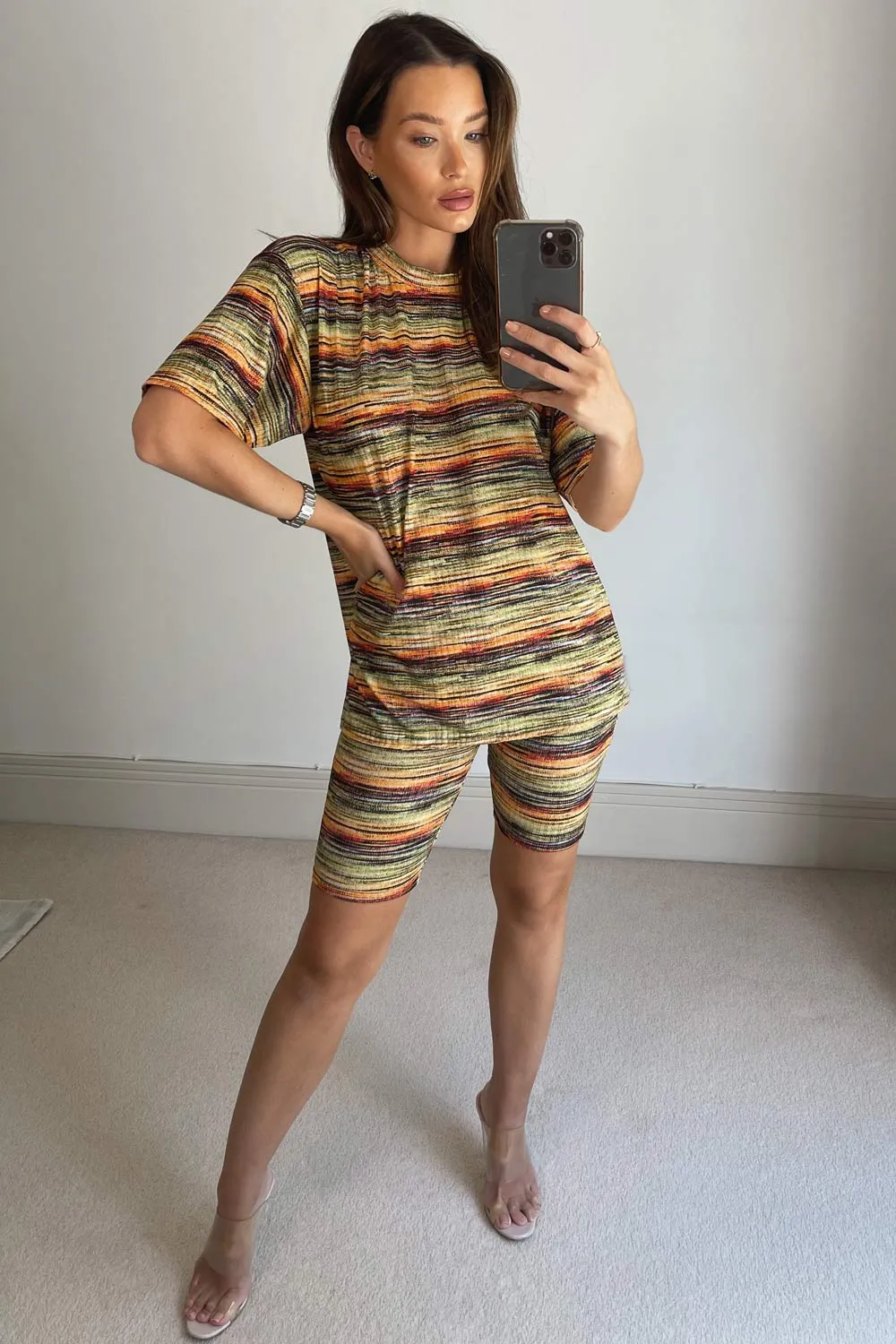 Amy Yellow Striped Print Oversized T-Shirt and Cycling Shorts