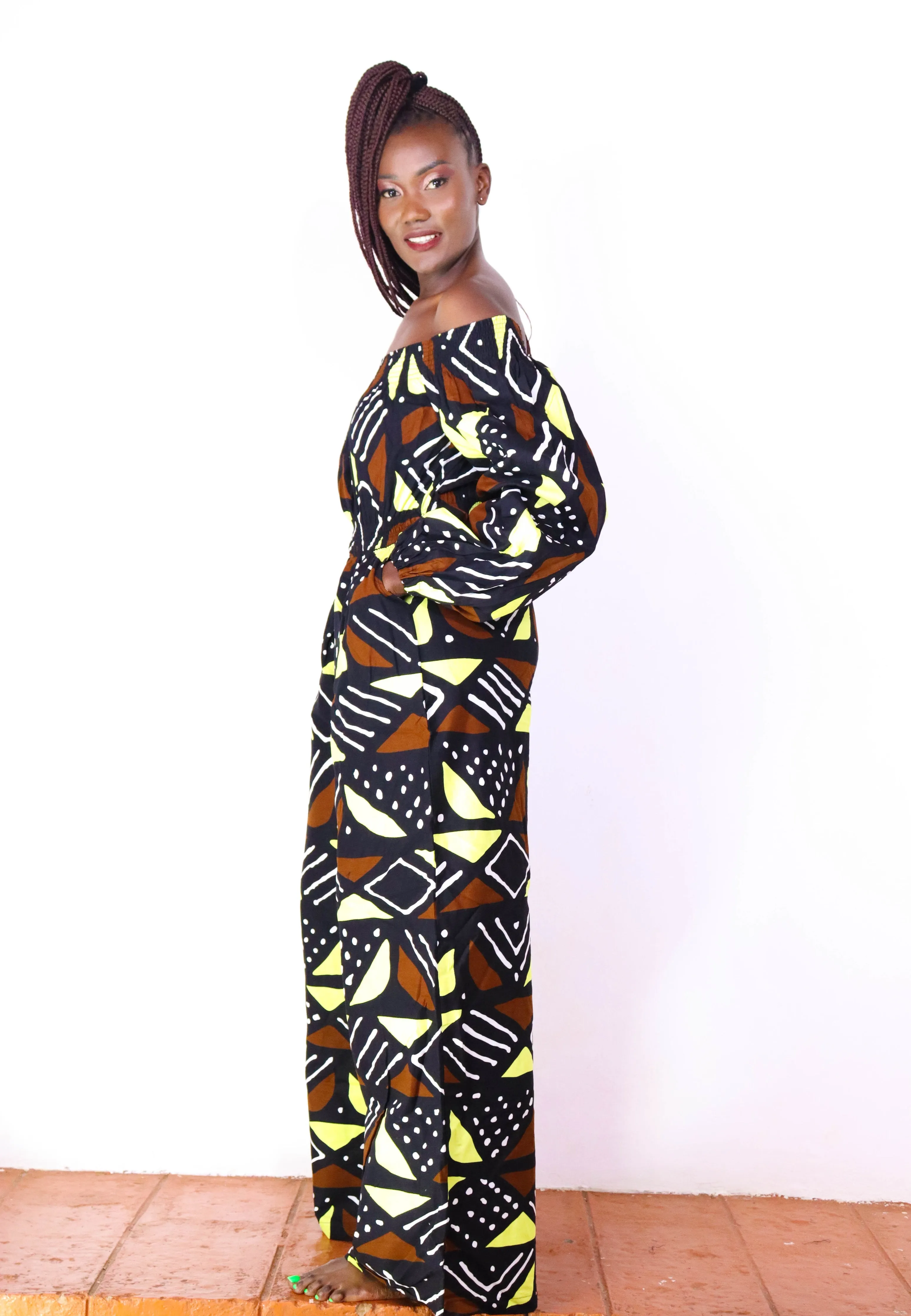 Ayaba Women's African Print Off-shoulder Jumpsuit (Neutral Mudcloth)