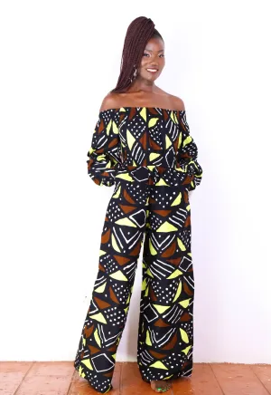 Ayaba Women's African Print Off-shoulder Jumpsuit (Neutral Mudcloth)