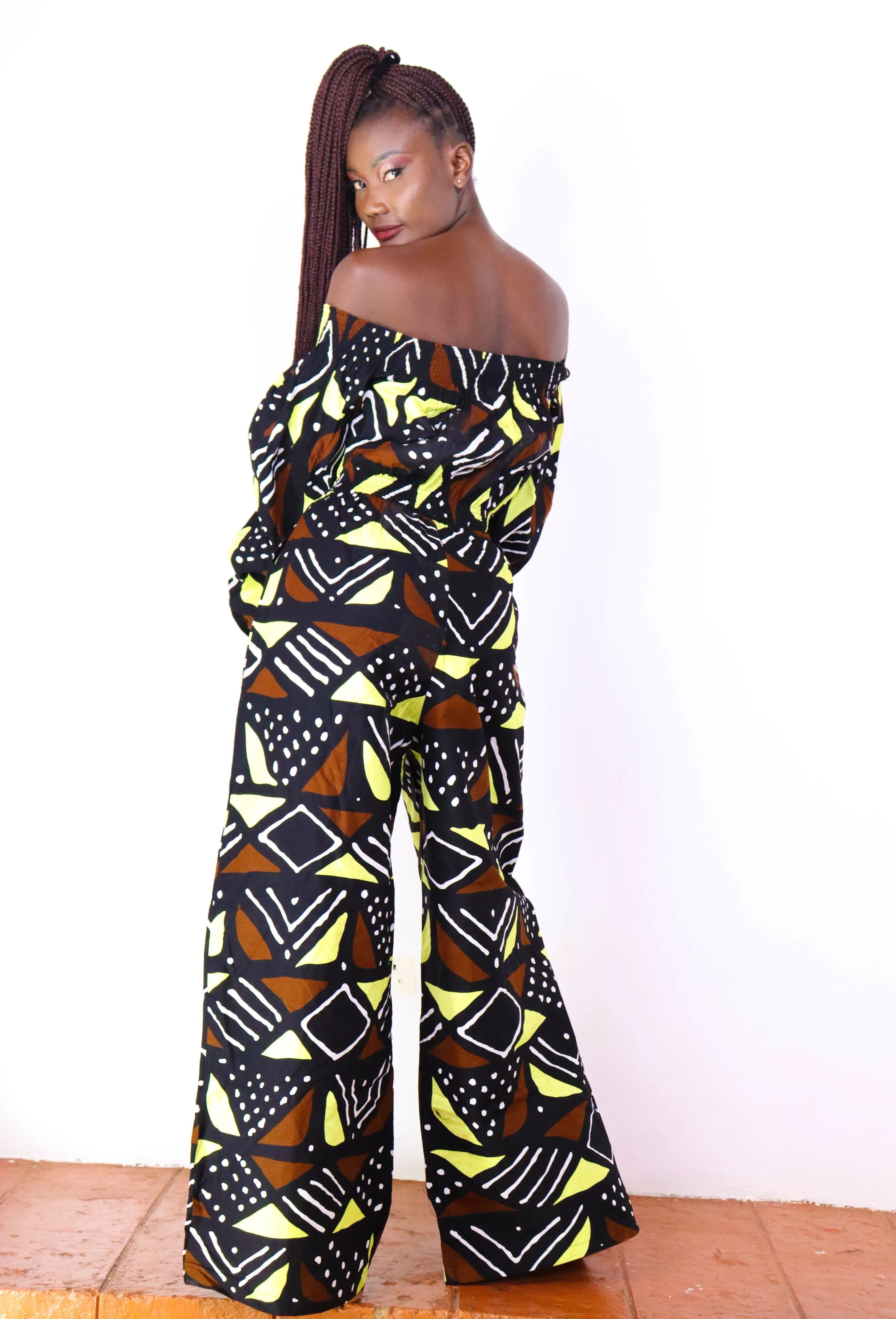 Ayaba Women's African Print Off-shoulder Jumpsuit (Neutral Mudcloth)