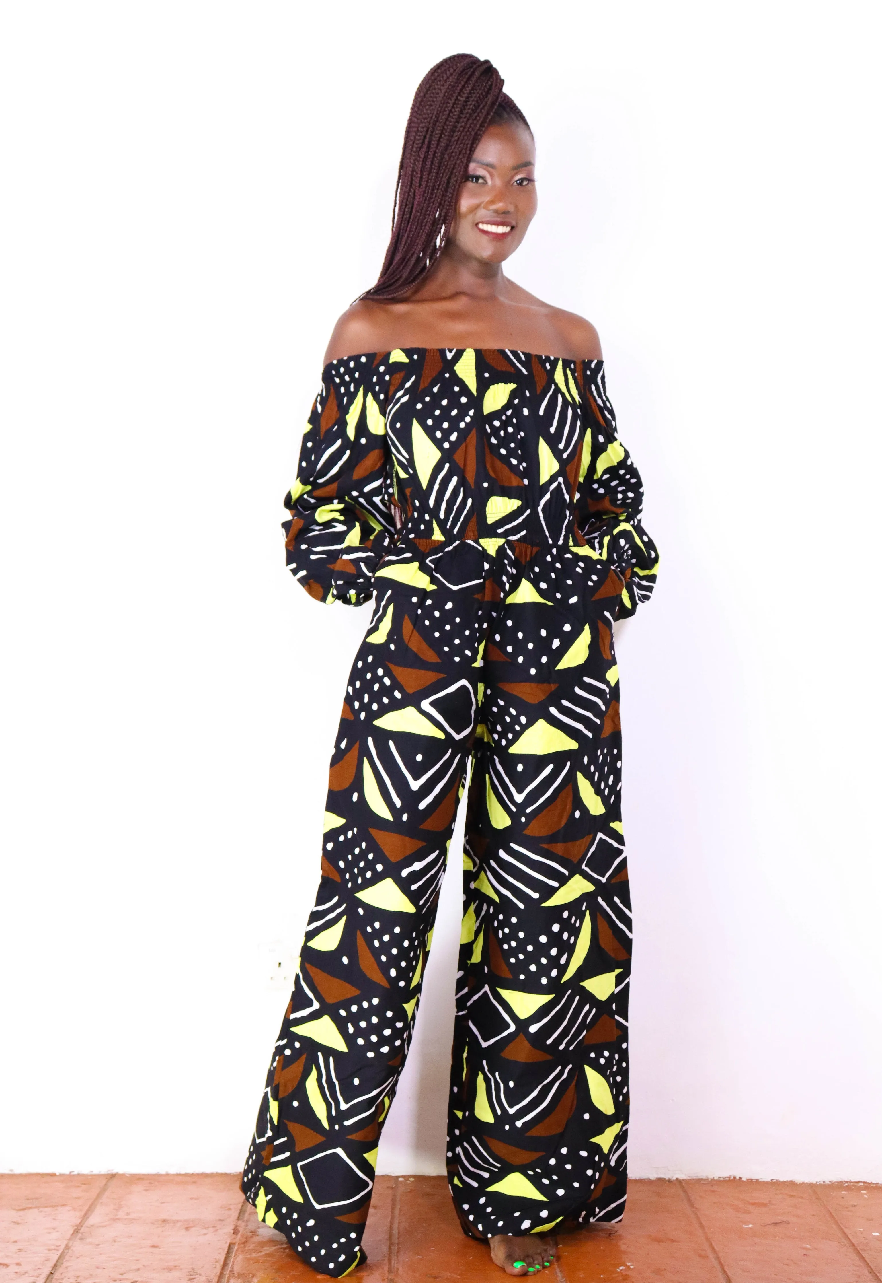 Ayaba Women's African Print Off-shoulder Jumpsuit (Neutral Mudcloth)
