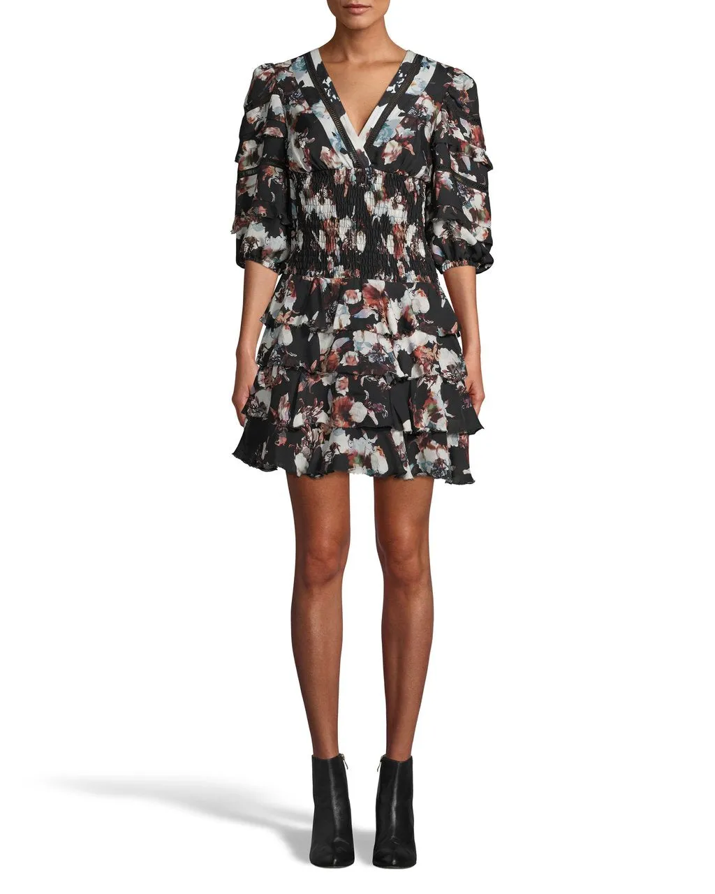 Baroque Smocked Silk Ruffle Mini Dress In Black Multi