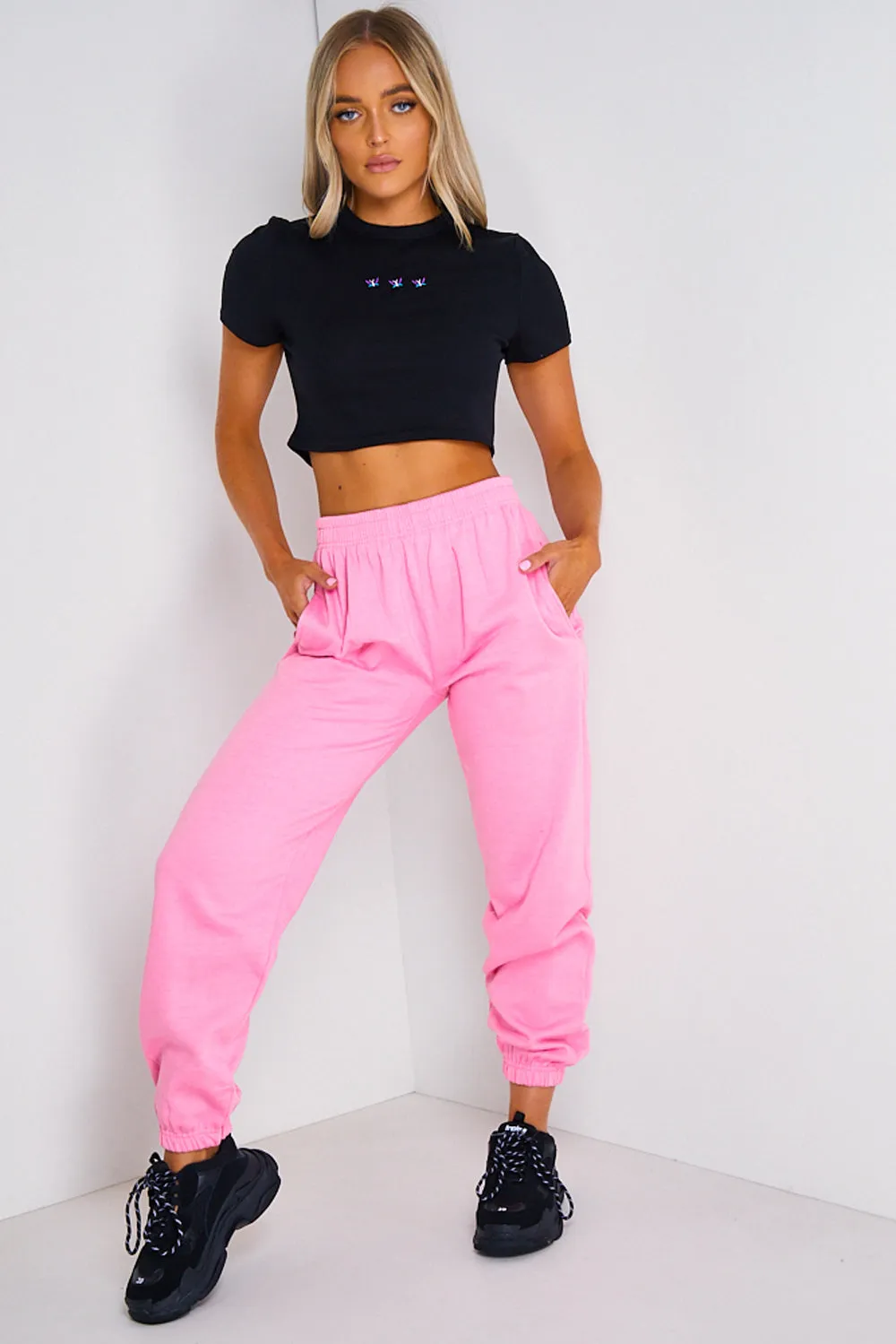 Black Butterfly Motif Ribbed Crop T-shirt
