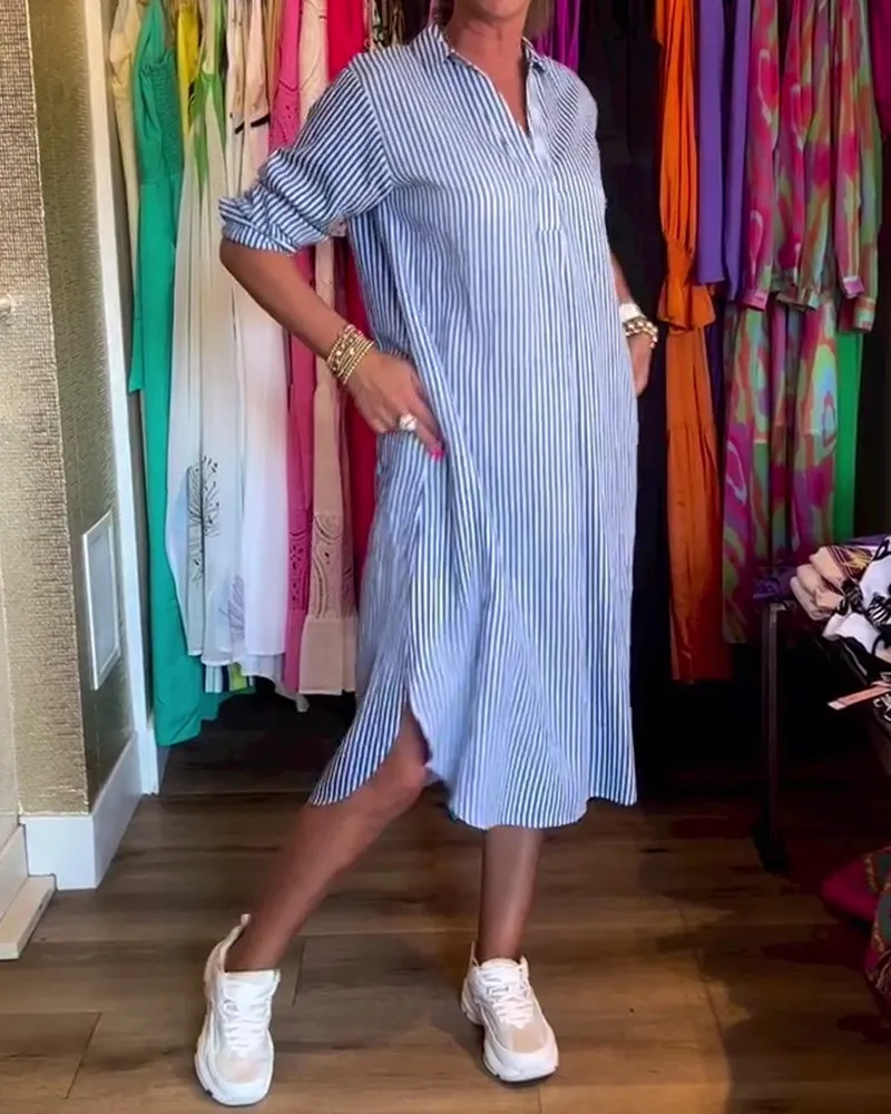 Cato™ - Striped Lapel Shirt Dress
