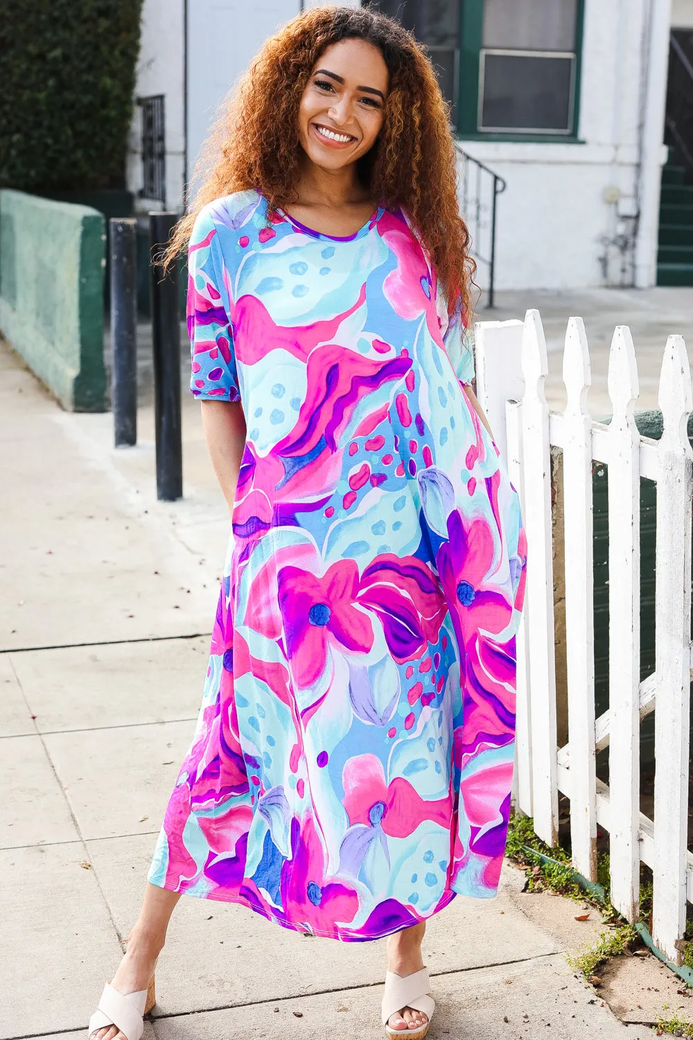 Chasing Dreams Blue & Fuchsia Floral Elastic Elbow Sleeve Midi Dress