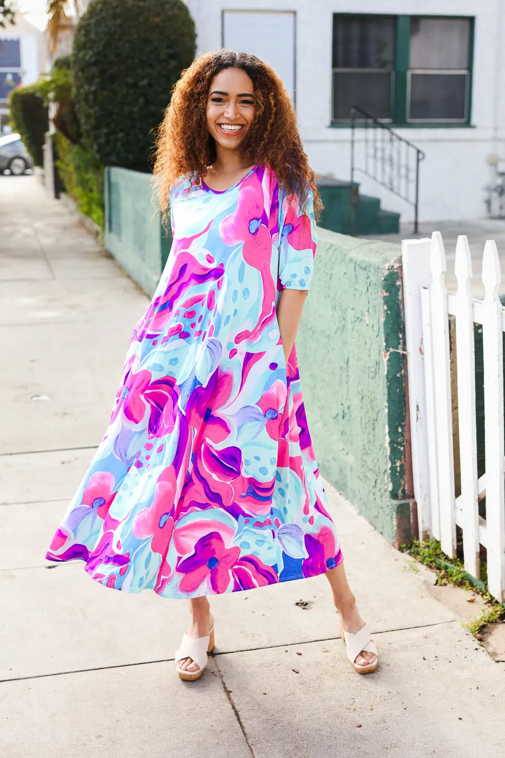 Chasing Dreams Blue & Fuchsia Floral Elastic Elbow Sleeve Midi Dress