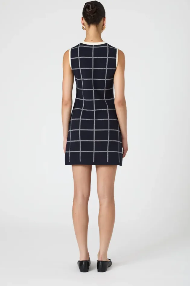 Check Sleeveless Crew Dress in Marine