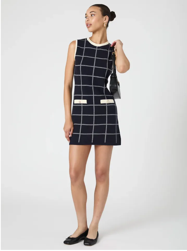 Check Sleeveless Crew Dress in Marine
