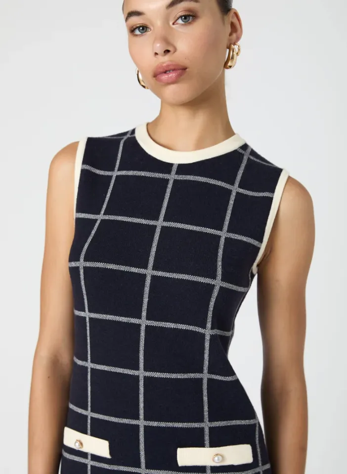 Check Sleeveless Crew Dress in Marine
