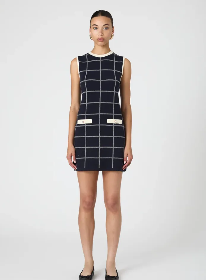 Check Sleeveless Crew Dress in Marine