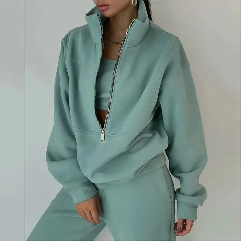 Comfortable Fashion Tracksuit Set – Warm Two-Piece Half-Open Collar Home Suit