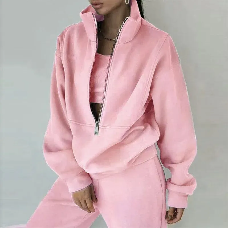 Comfortable Fashion Tracksuit Set – Warm Two-Piece Half-Open Collar Home Suit