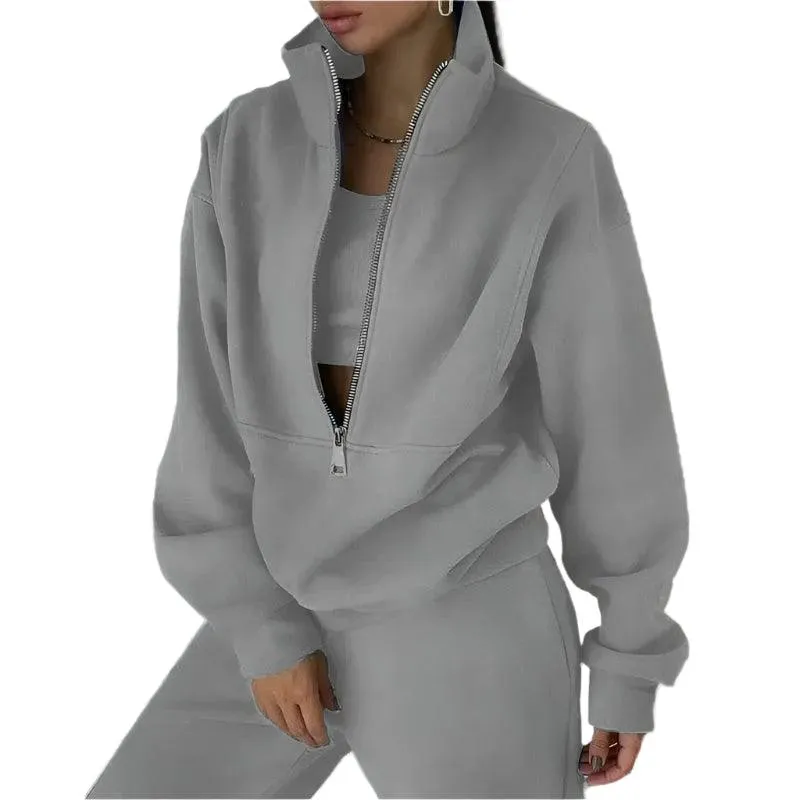 Comfortable Fashion Tracksuit Set – Warm Two-Piece Half-Open Collar Home Suit