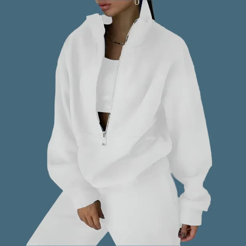 Comfortable Fashion Tracksuit Set – Warm Two-Piece Half-Open Collar Home Suit