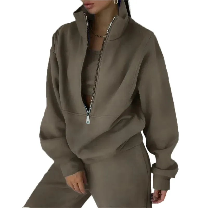 Comfortable Fashion Tracksuit Set – Warm Two-Piece Half-Open Collar Home Suit