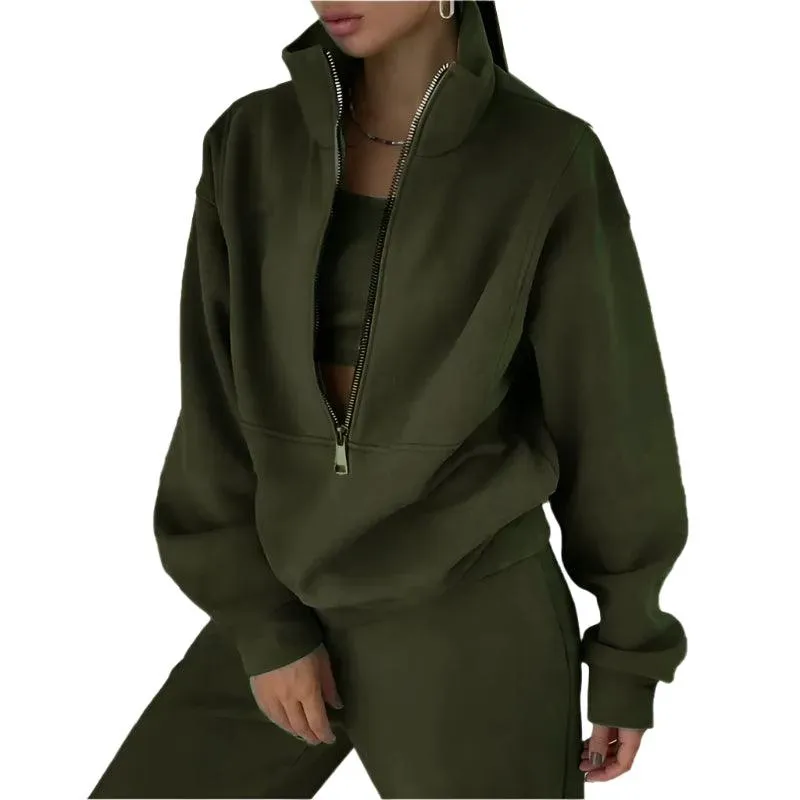Comfortable Fashion Tracksuit Set – Warm Two-Piece Half-Open Collar Home Suit