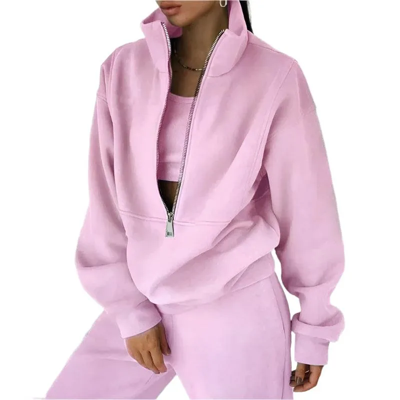 Comfortable Fashion Tracksuit Set – Warm Two-Piece Half-Open Collar Home Suit