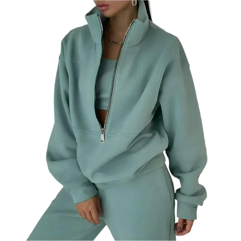 Comfortable Fashion Tracksuit Set – Warm Two-Piece Half-Open Collar Home Suit