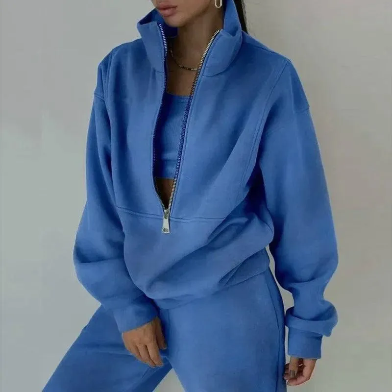 Comfortable Fashion Tracksuit Set – Warm Two-Piece Half-Open Collar Home Suit