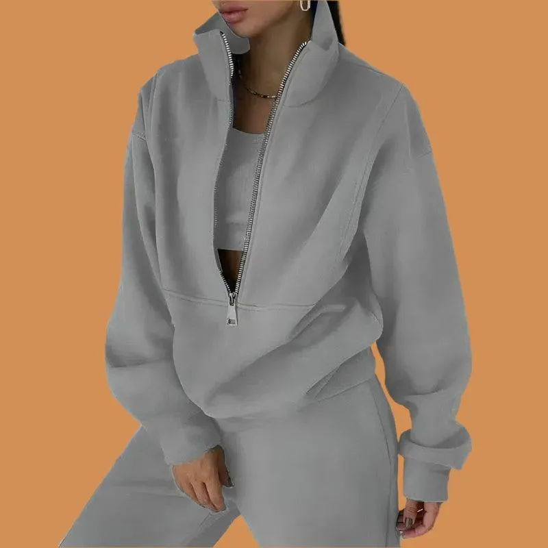Comfortable Fashion Tracksuit Set – Warm Two-Piece Half-Open Collar Home Suit