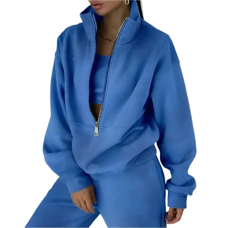 Comfortable Fashion Tracksuit Set – Warm Two-Piece Half-Open Collar Home Suit