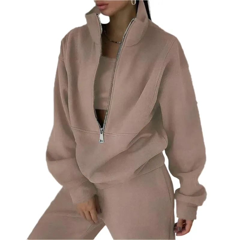Comfortable Fashion Tracksuit Set – Warm Two-Piece Half-Open Collar Home Suit