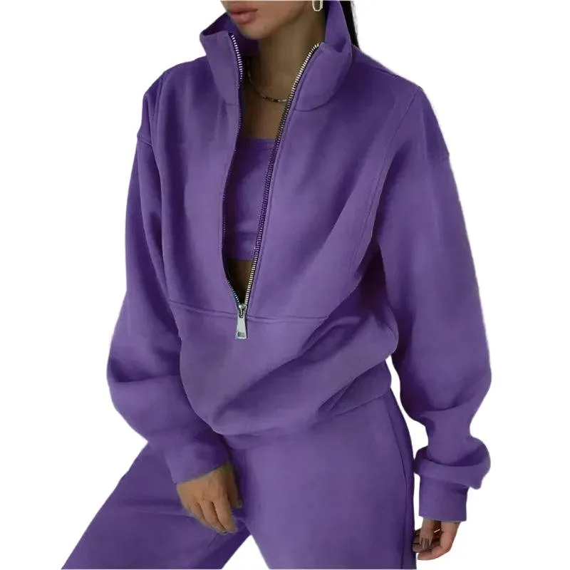 Comfortable Fashion Tracksuit Set – Warm Two-Piece Half-Open Collar Home Suit