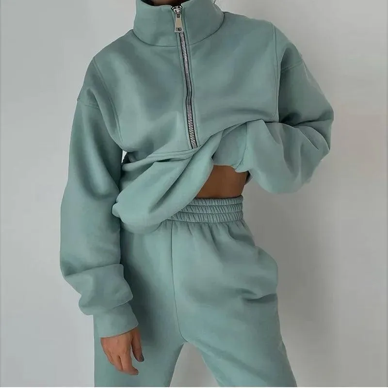 Comfortable Fashion Tracksuit Set – Warm Two-Piece Half-Open Collar Home Suit