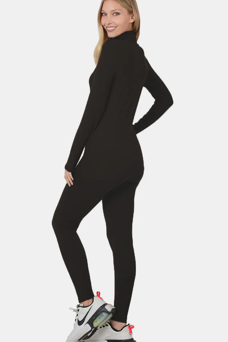 Comfy Basics - Turtleneck Top and Leggings Lounge Set - Black