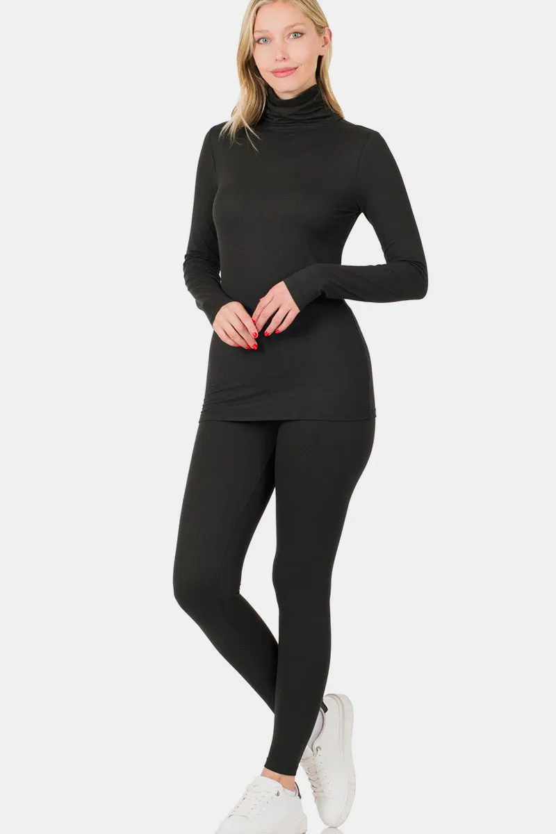 Comfy Basics - Turtleneck Top and Leggings Lounge Set - Black