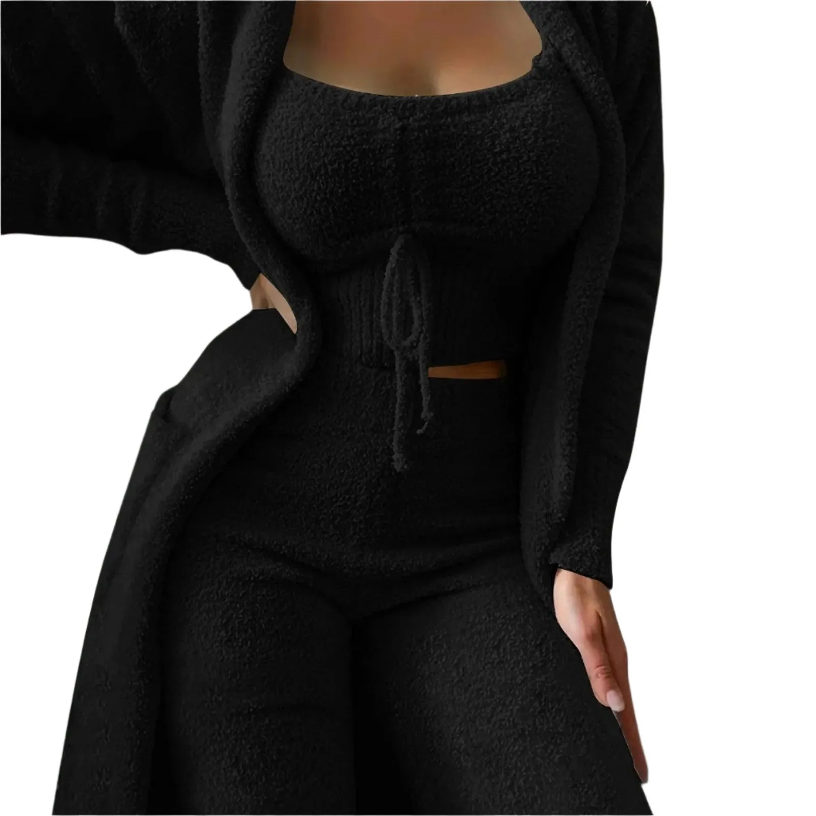 Cozy Crop Tank, Wide-Leg Pants & Fuzzy Kimono 3-Piece Fleece Loungewear Set