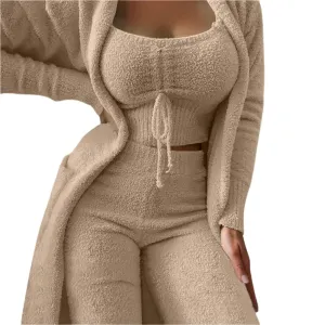 Cozy Crop Tank, Wide-Leg Pants & Fuzzy Kimono 3-Piece Fleece Loungewear Set