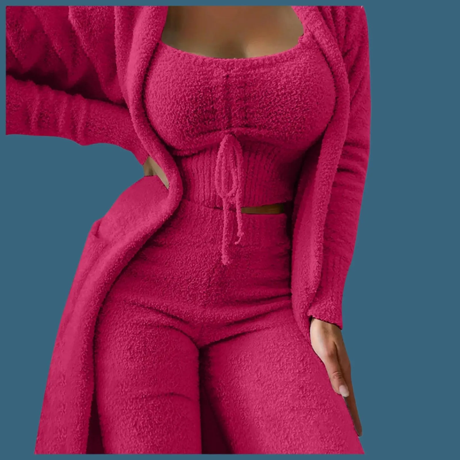 Cozy Crop Tank, Wide-Leg Pants & Fuzzy Kimono 3-Piece Fleece Loungewear Set