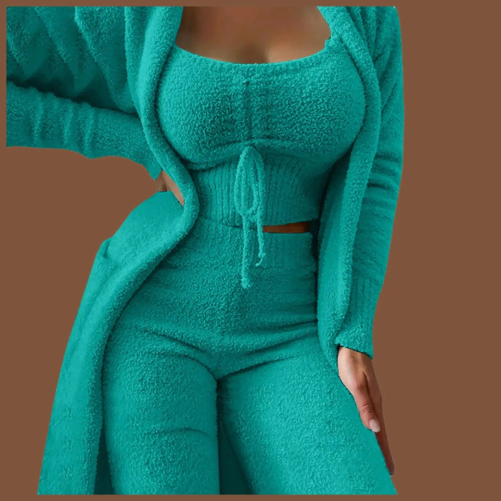 Cozy Crop Tank, Wide-Leg Pants & Fuzzy Kimono 3-Piece Fleece Loungewear Set
