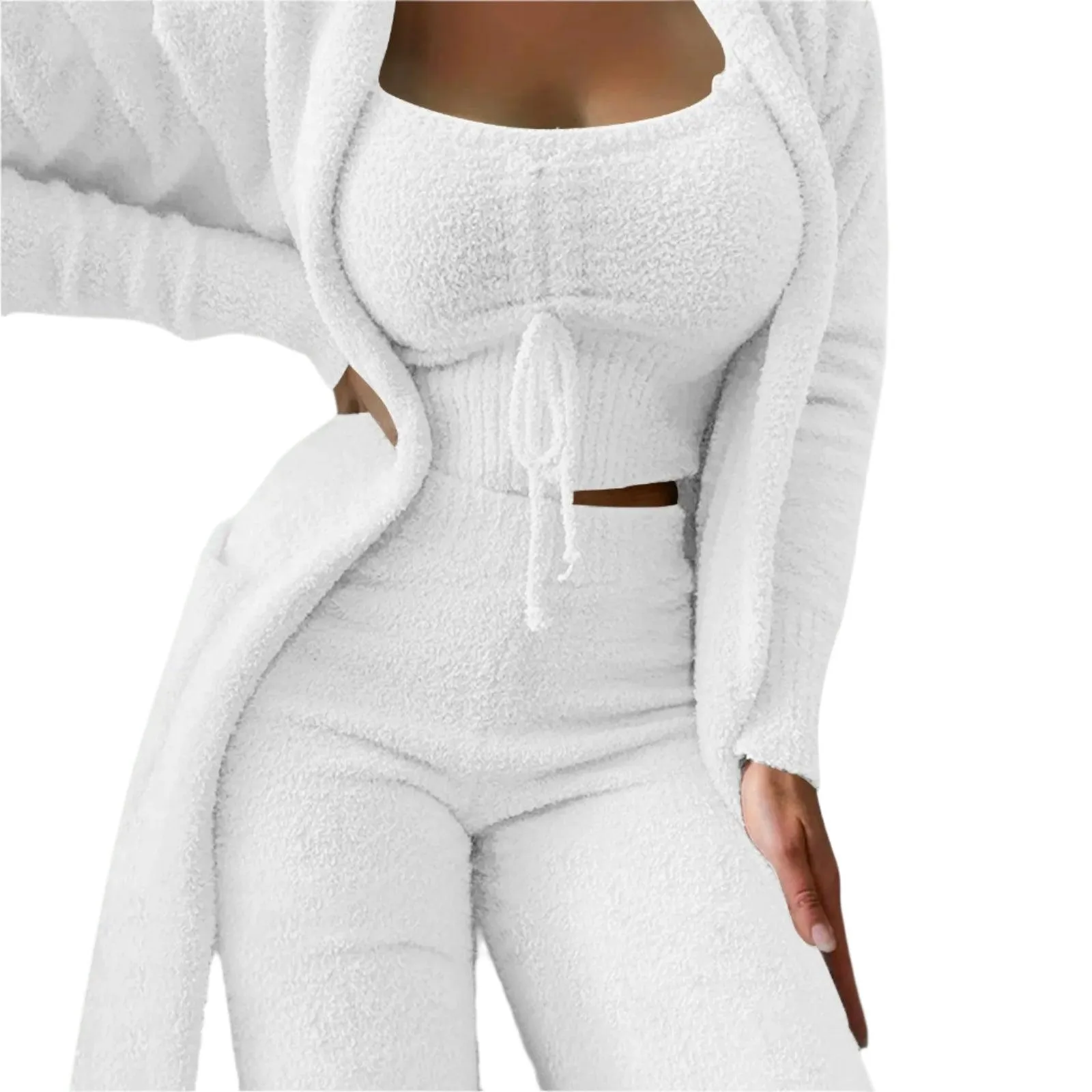 Cozy Crop Tank, Wide-Leg Pants & Fuzzy Kimono 3-Piece Fleece Loungewear Set