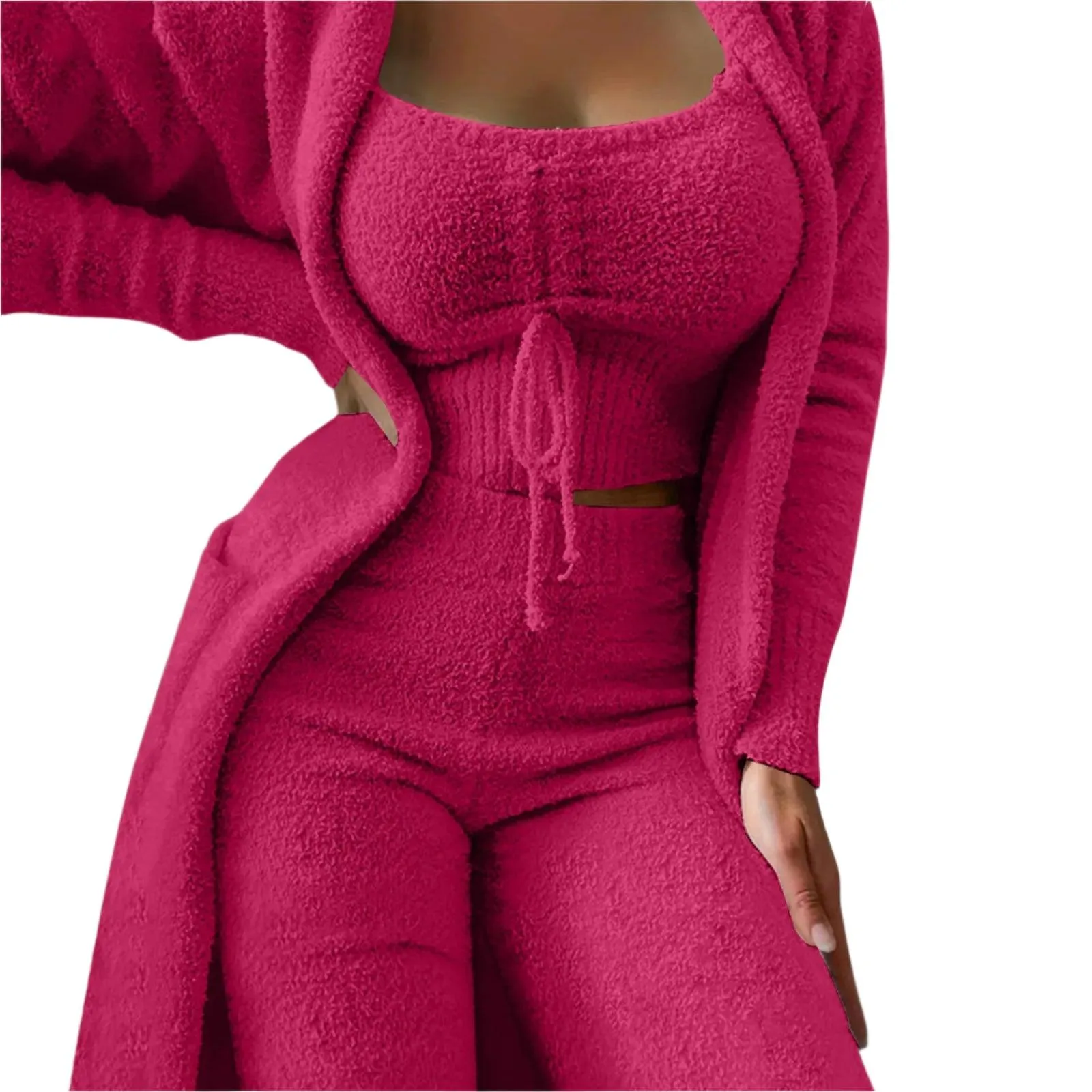 Cozy Crop Tank, Wide-Leg Pants & Fuzzy Kimono 3-Piece Fleece Loungewear Set