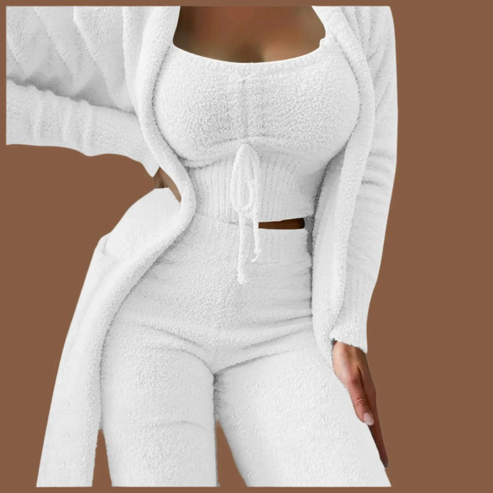 Cozy Crop Tank, Wide-Leg Pants & Fuzzy Kimono 3-Piece Fleece Loungewear Set