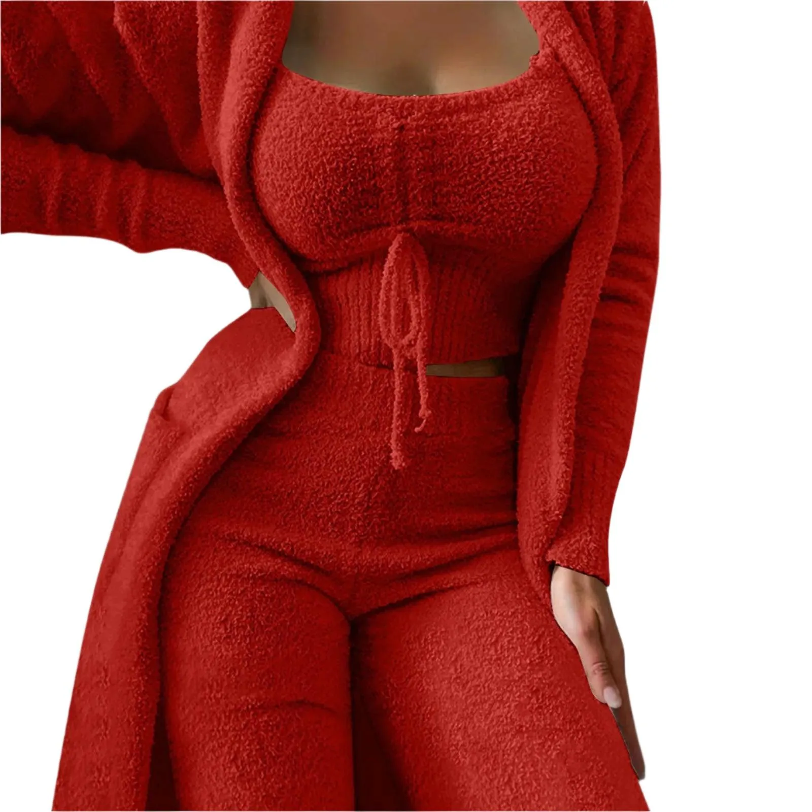 Cozy Crop Tank, Wide-Leg Pants & Fuzzy Kimono 3-Piece Fleece Loungewear Set