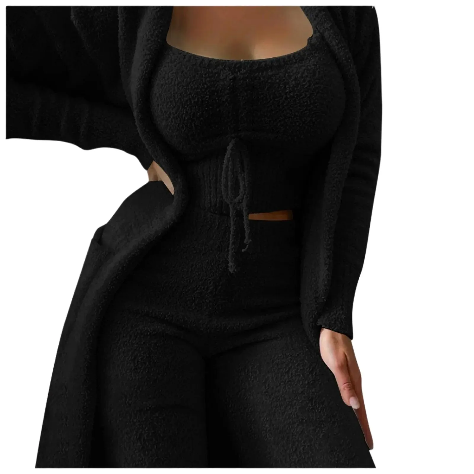 Cozy Crop Tank, Wide-Leg Pants & Fuzzy Kimono 3-Piece Fleece Loungewear Set