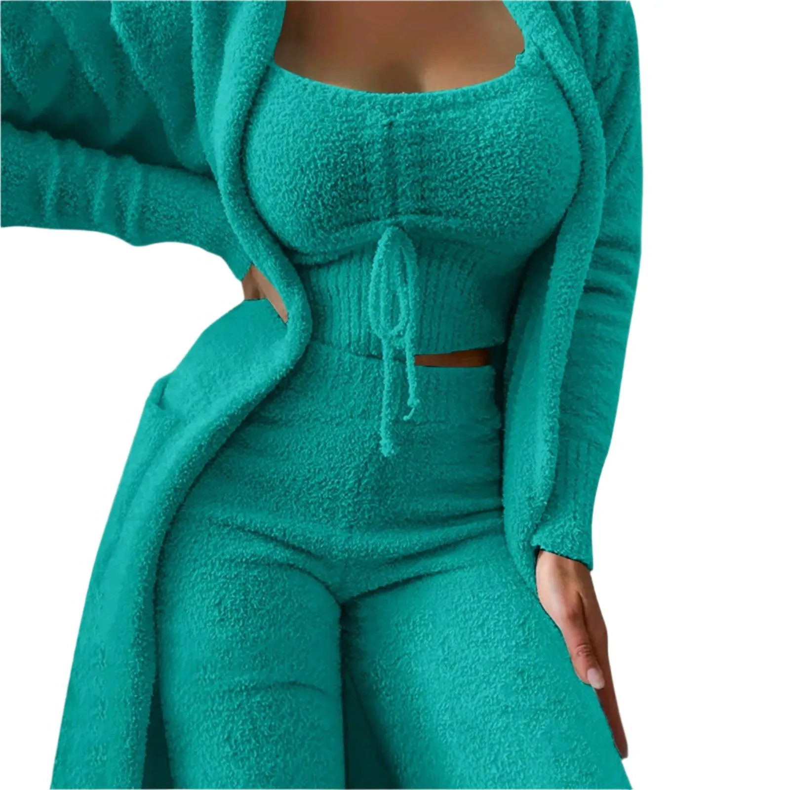 Cozy Crop Tank, Wide-Leg Pants & Fuzzy Kimono 3-Piece Fleece Loungewear Set