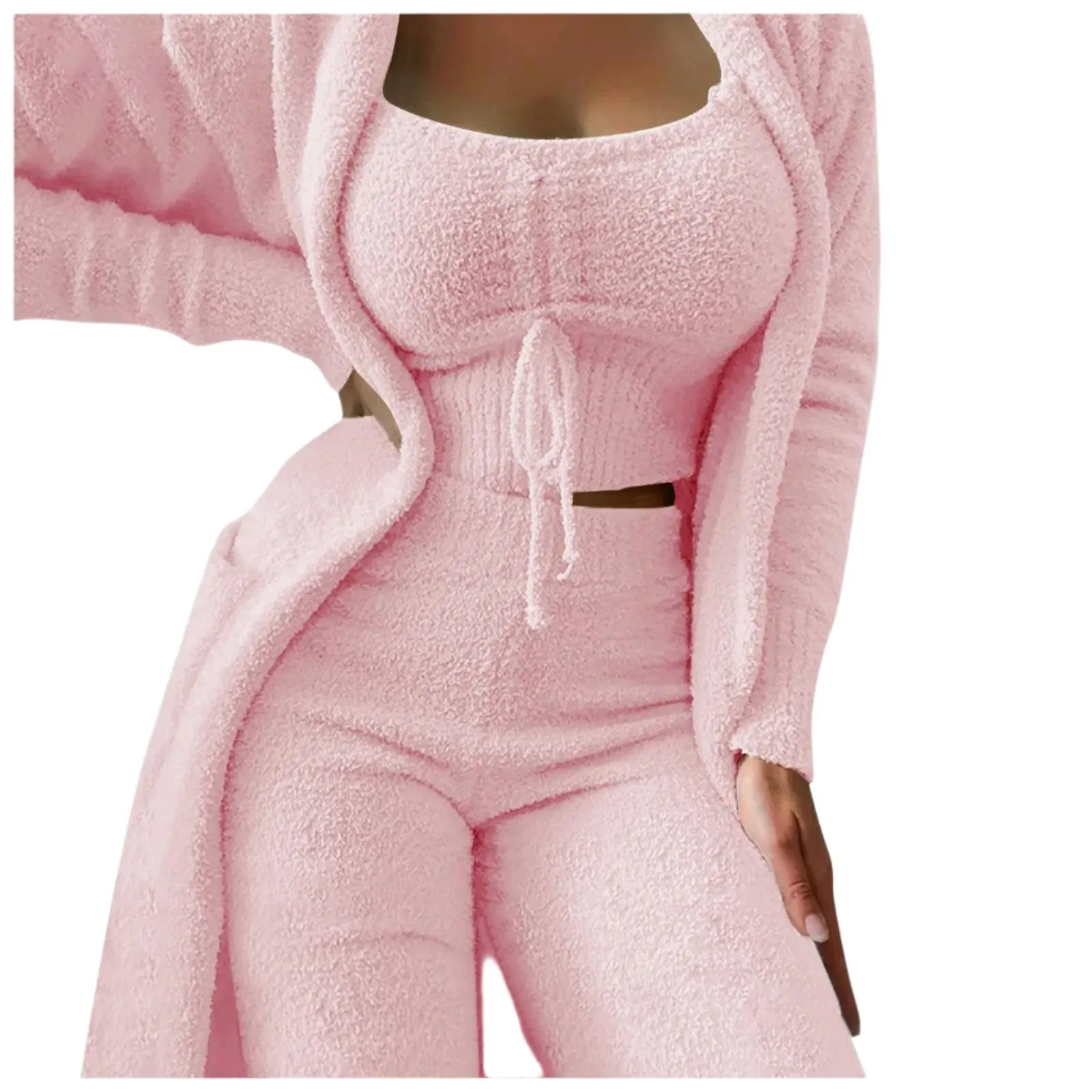 Cozy Crop Tank, Wide-Leg Pants & Fuzzy Kimono 3-Piece Fleece Loungewear Set