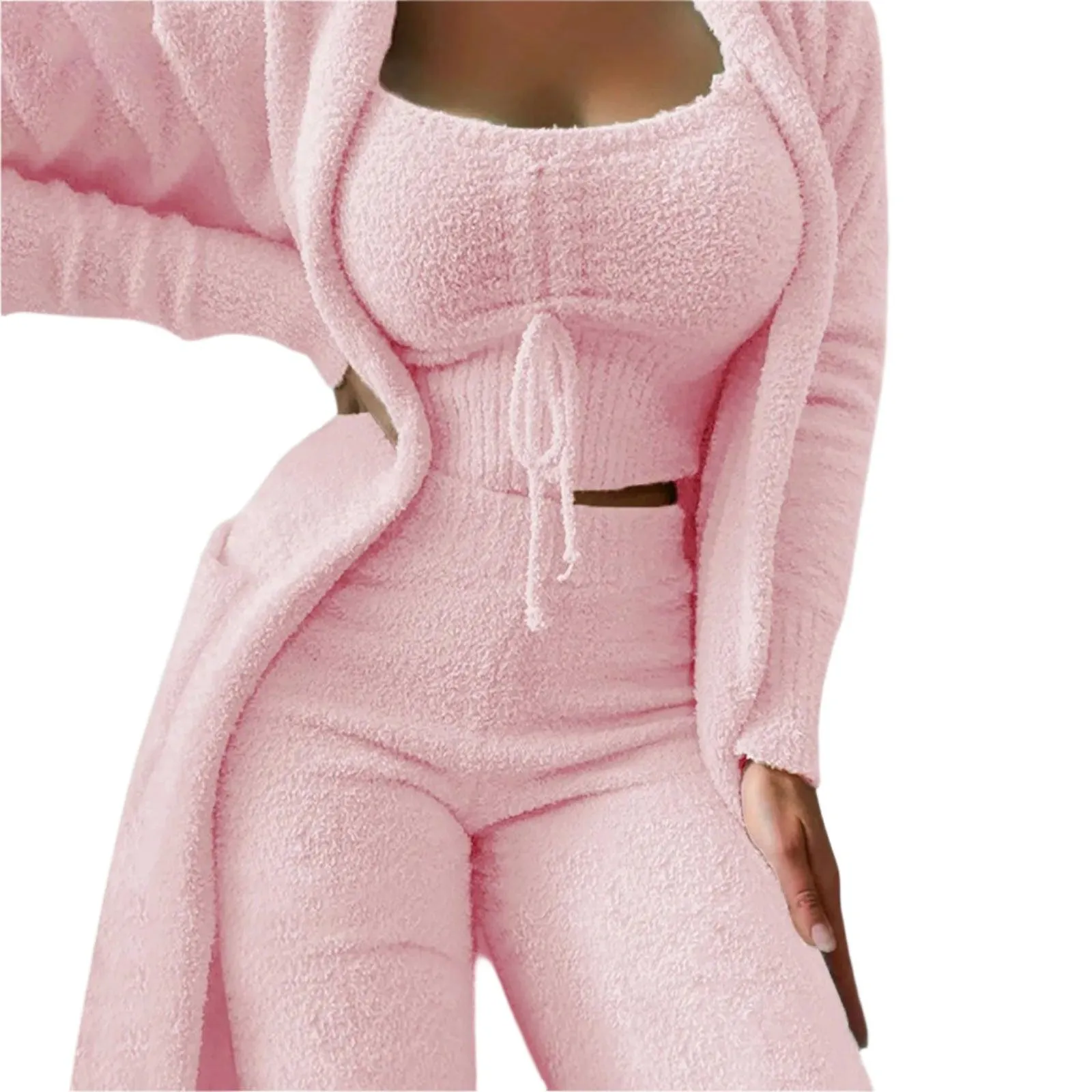 Cozy Crop Tank, Wide-Leg Pants & Fuzzy Kimono 3-Piece Fleece Loungewear Set