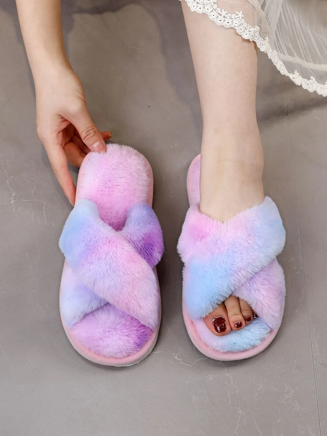 Cross Strap Fluffy Bedroom Slippers
