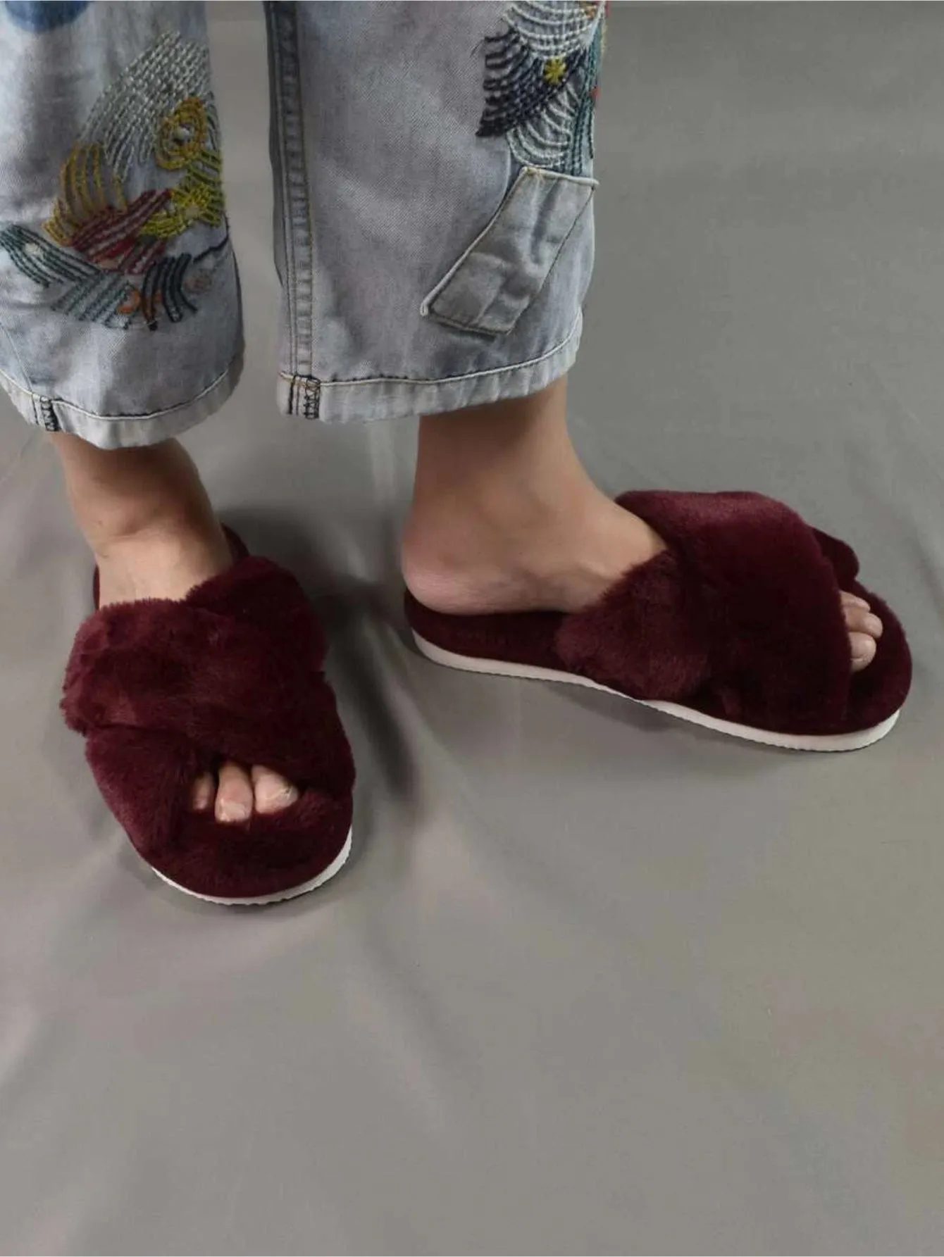 Cross Strap Fluffy Bedroom Slippers