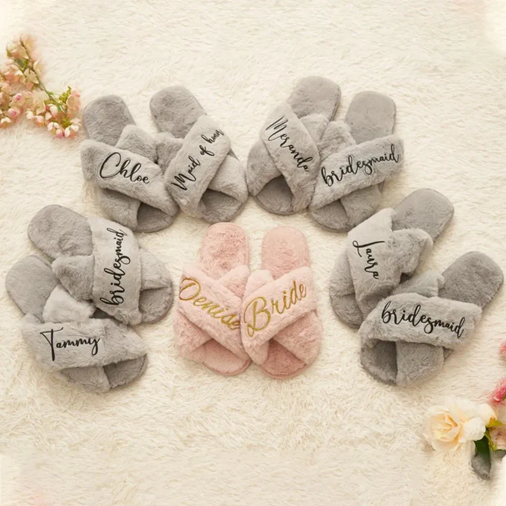 Custom Fluffy Slippers | Custom Bride Slippers | Fluffy Bridesmaid Slippers | Bride Slipper | Personalized Gift for a Best friend | Fluffy Slippers