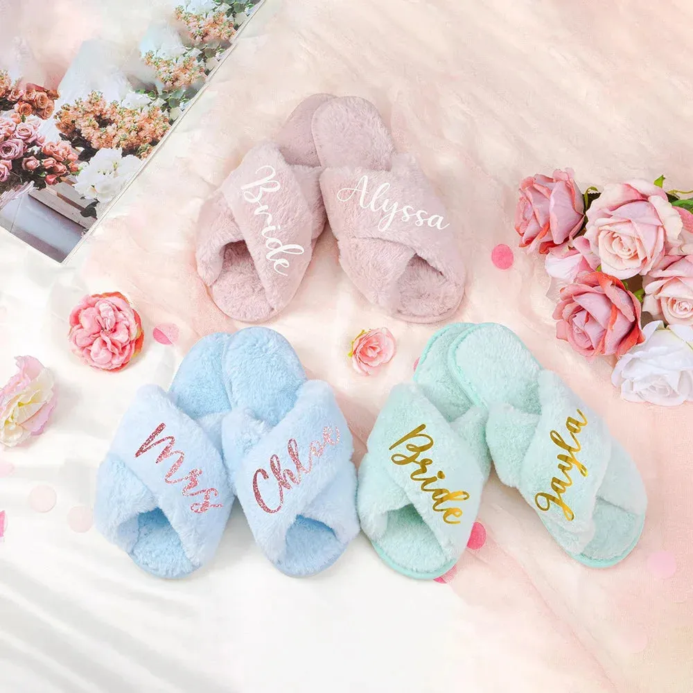 Custom Fluffy Slippers | Custom Bride Slippers | Fluffy Bridesmaid Slippers | Bride Slipper | Personalized Gift for a Best friend | Fluffy Slippers